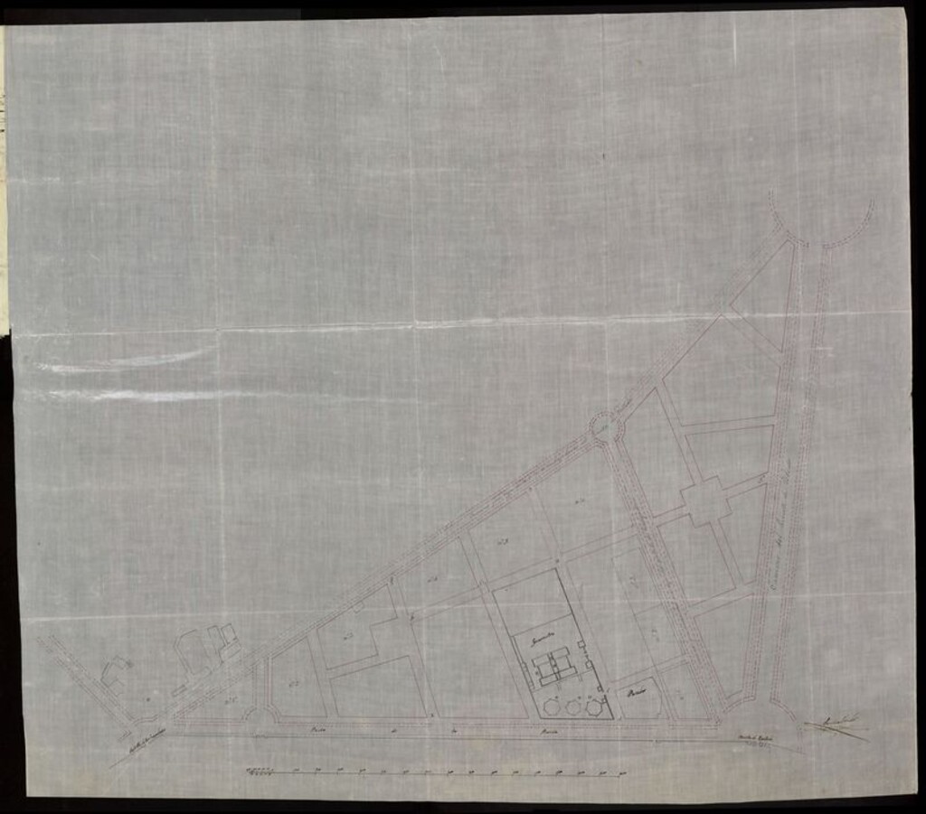 Miniatura de D. Cayetano Zapata, D. Vicente Puchares y D. Francisco Corbí, sobre edificación afueras de la Puerta de Toledo, junto a la Fabrica del Gas