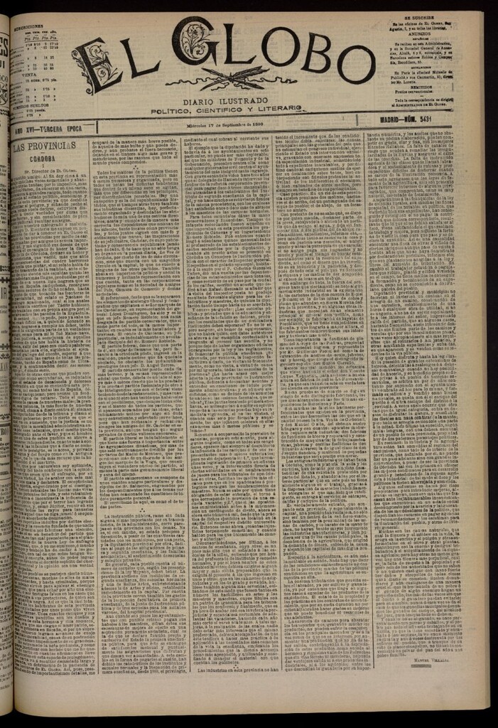 Miniatura de El Globo : diario ilustrado del 17 de septiembre de 1890, nº 5431