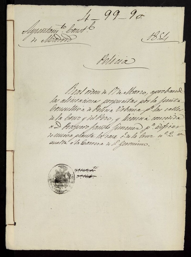 Miniatura de Real orden de 17 de Marzo, aprobando la alineaciones propuestas por la junta consultiva de Policía Urbana para las calles de la Cruz y del Pozo, y licencia concedida a D. Prospero Fausto Jiménez, para edificar de nueva planta la casa calle de la Cruz nº 2 con vuelta a la Carrera de S. Jerónimo. (1853-1854)