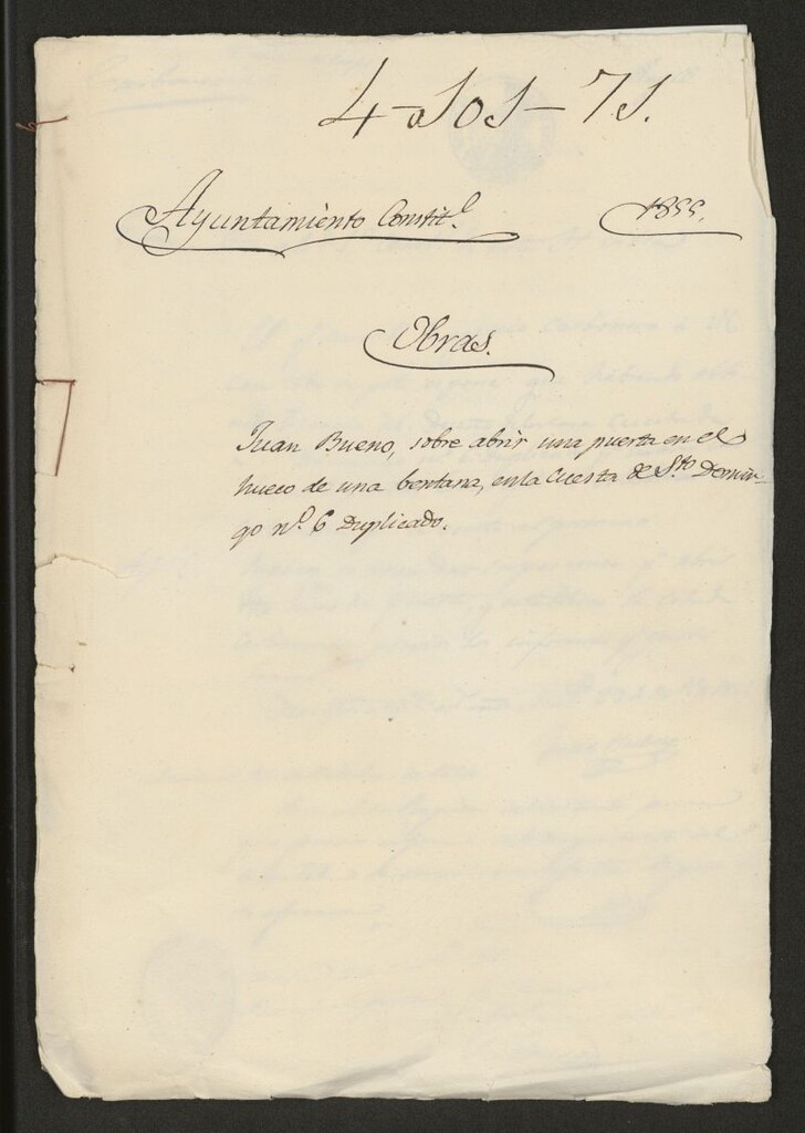 Miniatura de D. Juan Bueno, sobre abrir una puerta en el hueco de una ventana, en la Cuesta de Sto. Domingo nº 6 duplicado. (1855)