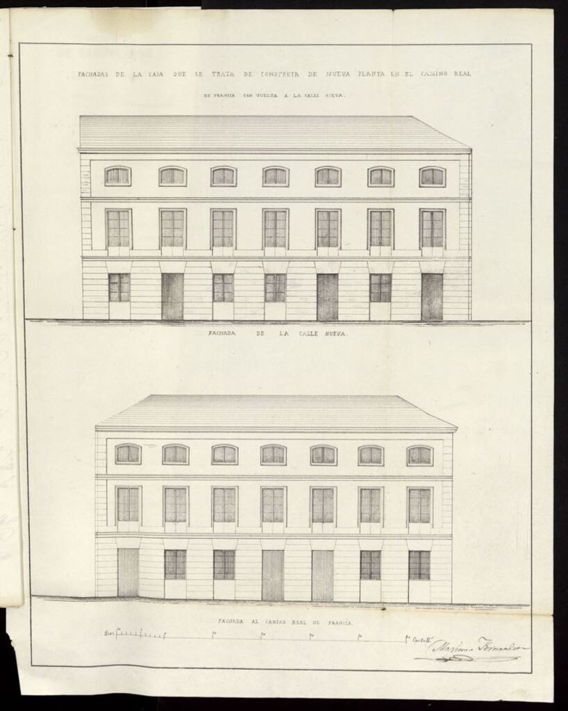 Miniatura de D. José Guinot, pidiendo licencia para edificar una casa fuera de la Puerta de Bilbao, a la izquierda de la carretera de Francia. (1854-1855)