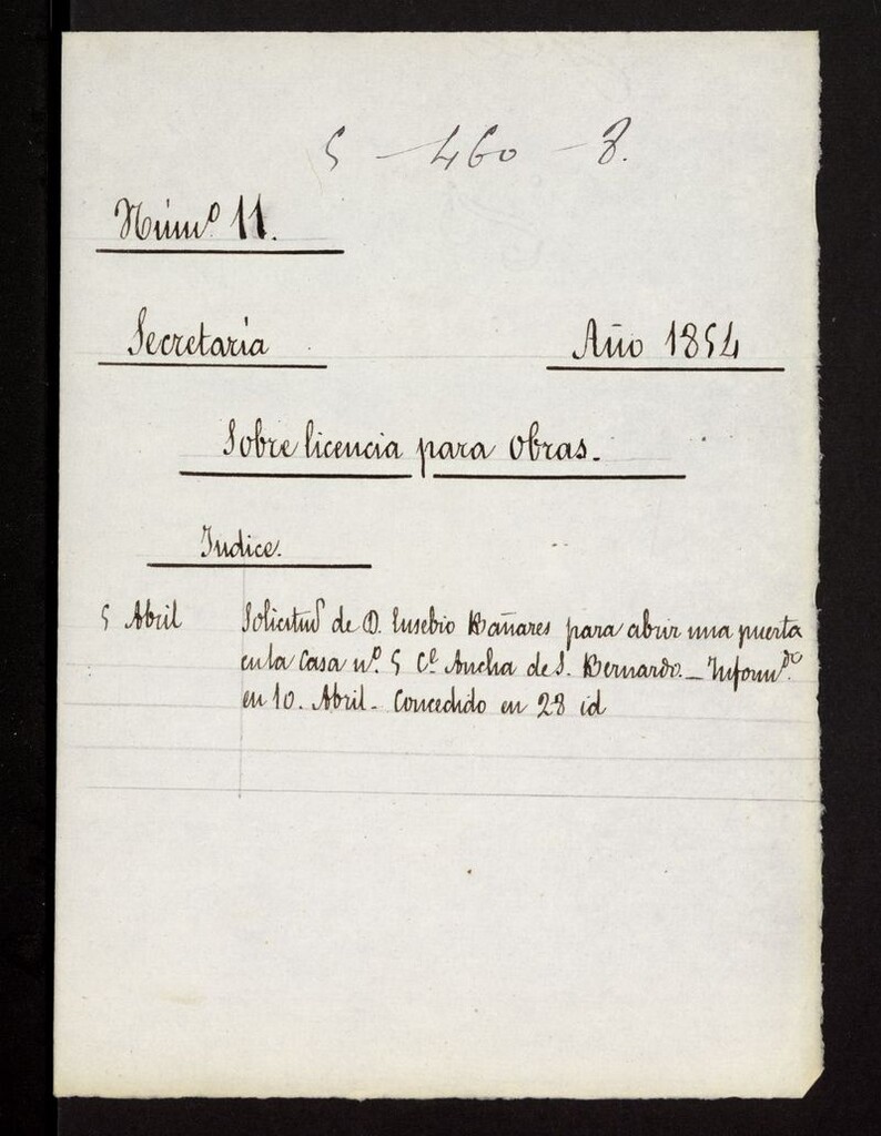 Miniatura de D. Eusebio Bañares, para abrir una puerta en la casa nº 5, calle Ancha de S. Bernardo.(1854)