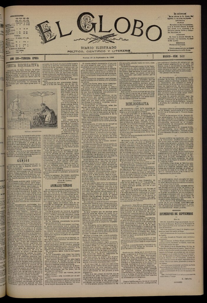 Miniatura de El Globo : diario ilustrado del 19 de septiembre de 1890, nº 5433