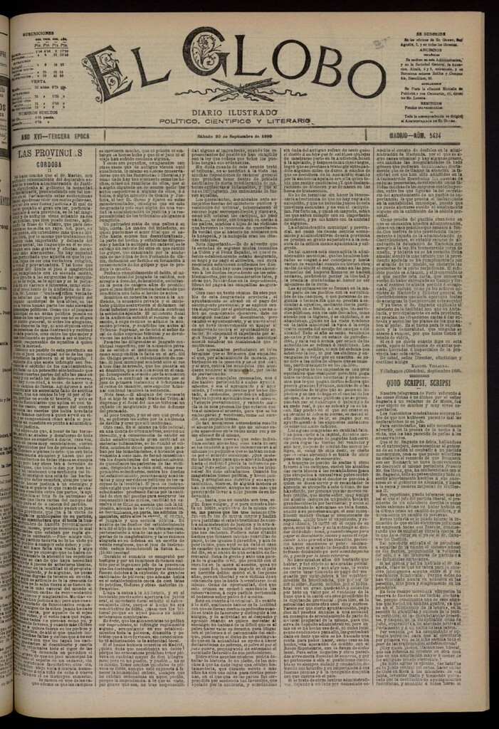 Miniatura de El Globo : diario ilustrado del 20 de septiembre de 1890, nº 5434