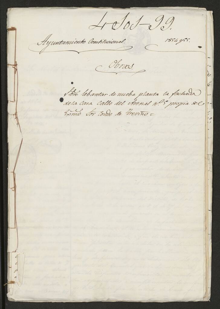 Miniatura de Sobre levantar de nueva planta la fachada de la casa calle del Arenal nº 5 propia del Excmo. Sr. Conde de Treviño. (1854-1855)