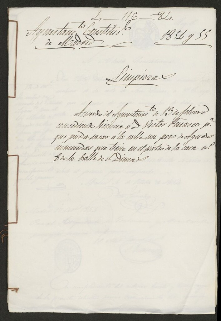 Miniatura de Concediendo licencia a D. Víctor Peñasco, para que pueda sacar a la calle un pozo de aguas inmundas que tiene en el patio de la casa nº 8 de la calle de S. Dimas. (1854-1855)