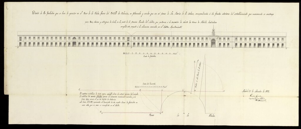 Miniatura de D. José Gallo, Administrador de la Compañía de Abastos y consumo de hielo y nieve de la Corte, pidiendo licencia para edificar las fachadas de la parte de posesión llamada el Salitre, situada frente al Portillo de Valencia. (1853-1854)