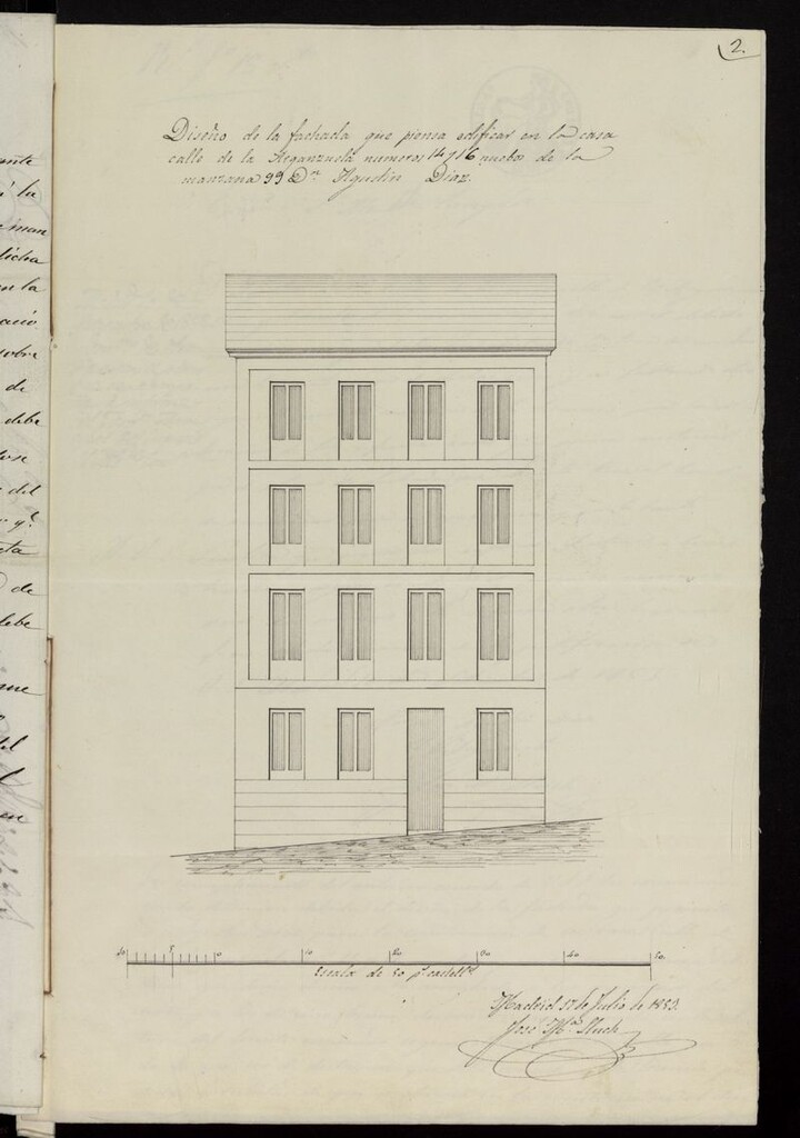 Miniatura de D. Agustín Díaz, sobre edificación de la casa solar nºs. 14 y 16, calle de la Arganzuela. (1853-1854)