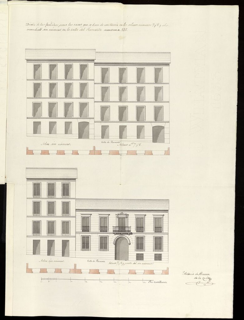 Miniatura de D. José de Mesa, para edificar en los solares nºs 7 y 8 antiguos manzana 325, calle de Piamonte.