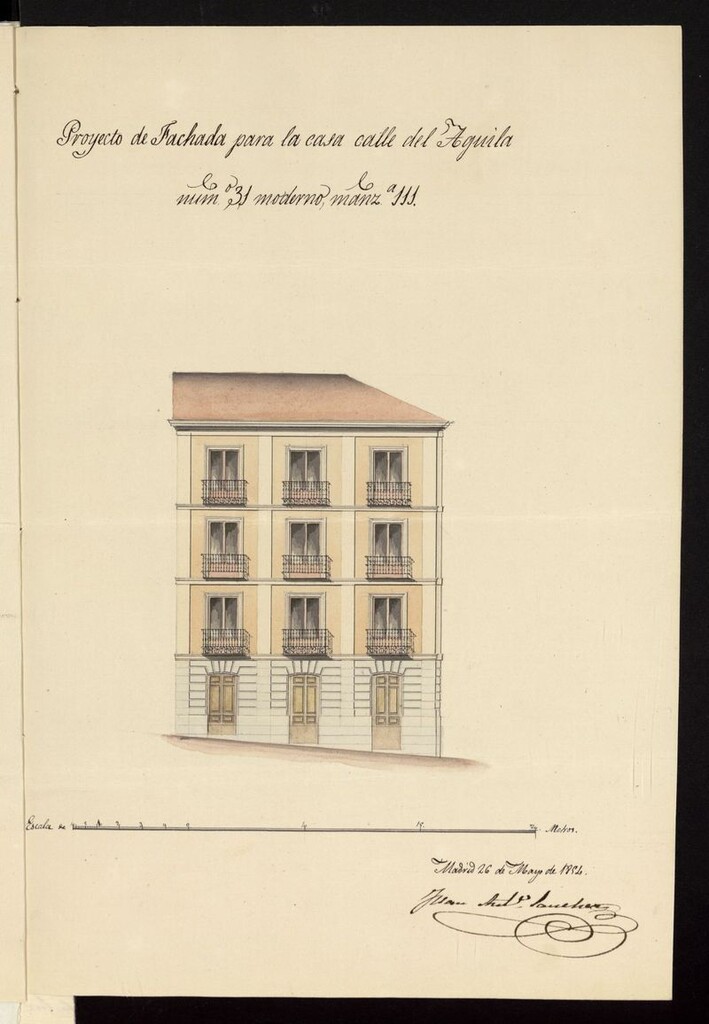 Miniatura de D. Baldomero Moreno, sobre edificación de la casa calle de la Solana con vuelta a la del Aguila nºs 6 y 31, manzana 111. (1854)