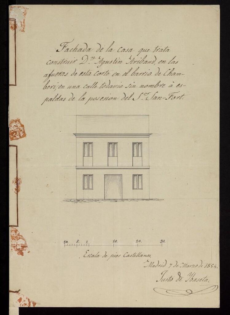 Miniatura de D. Agustín Aribande, sobre construcción de una casa en Chamberí, calle sin nombre detrás de la fábrica de San Port. (1854)