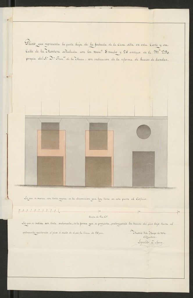 Miniatura de D. Manuel García por si y autorizado por D. Francisco de la Maza, para reformar la planta baja y entresuelo de la casa calle de la Montera nº 8 moderno, manzana290. Pidiendo el oportuno permiso para las obras necesarias. (1854)