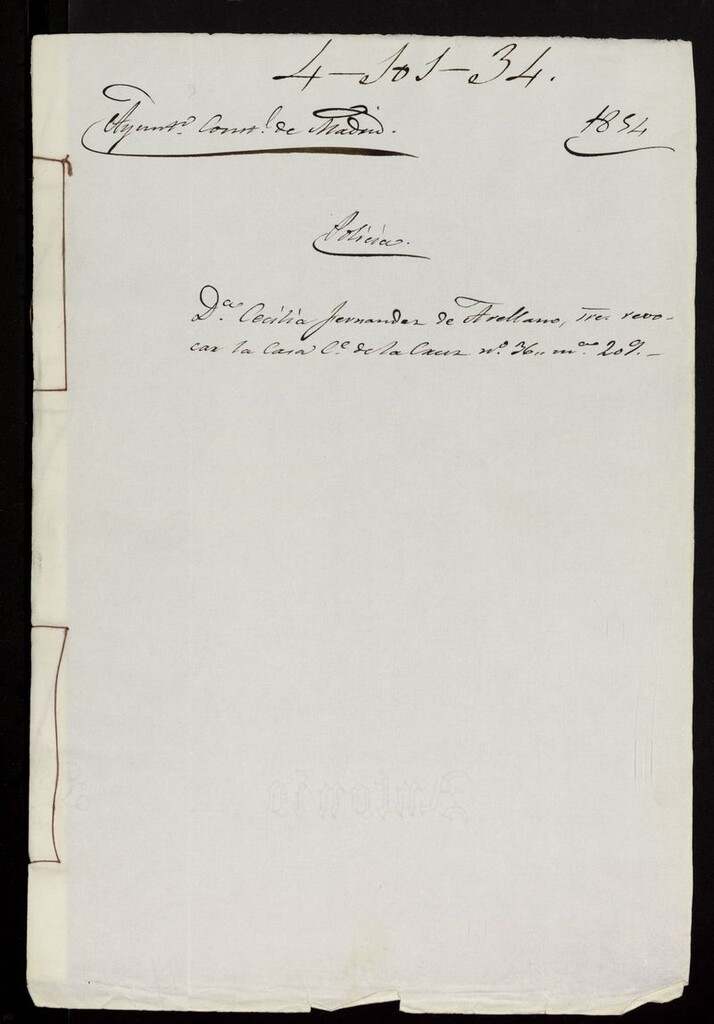 Miniatura de Dª Cecilia Fernández de Arellano, sobre revocar la casa de la calle de la Cruz, nº 36 y manzana 209. (1854)