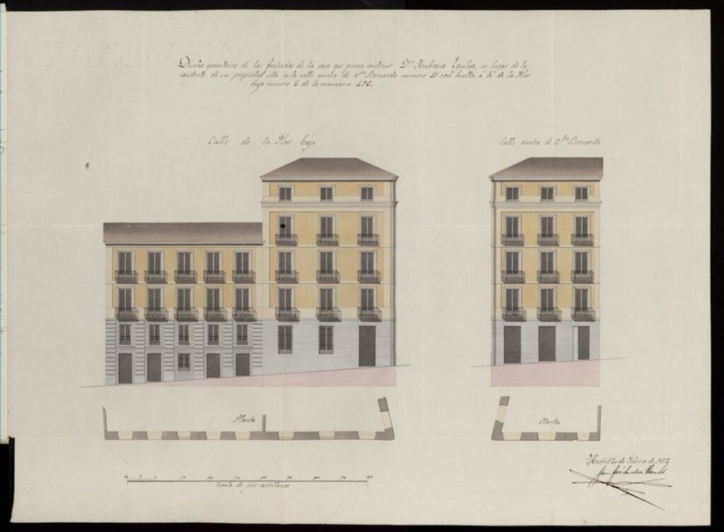 Miniatura de D. Ambrosio de Eguiluz, sobre edificación calle Ancha de S. Bernardo nº 11, con vuelta a la de Flor Baja n º2, manzana 496. (1854)