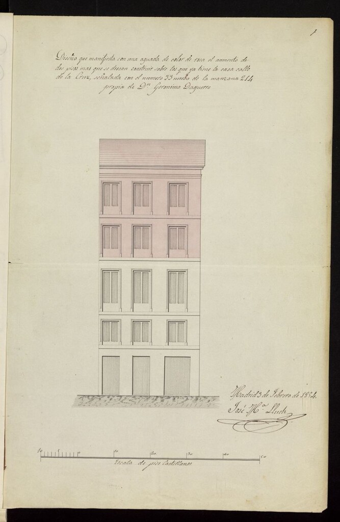 Miniatura de D. Gerónimo Daguerre, sobre levantar un piso 2º en la casa calle de la Cruz, nº 33, manzana 214. (1854)
