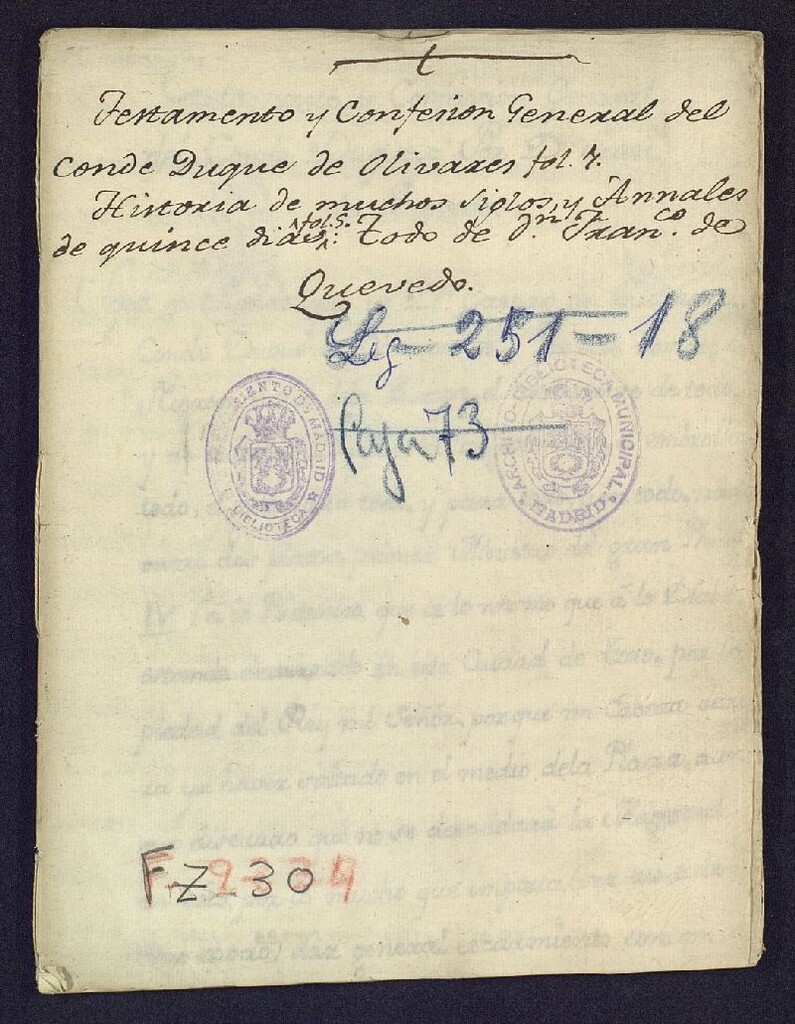 Miniatura de Testamento y confesion general del Conde Duque de Olivares. Historia de muchos siglos, y Annales de quince días