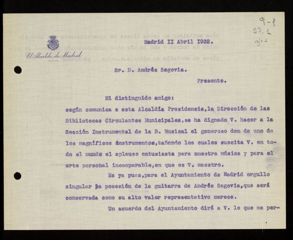 Miniatura de Carta donación Andrés Segovia