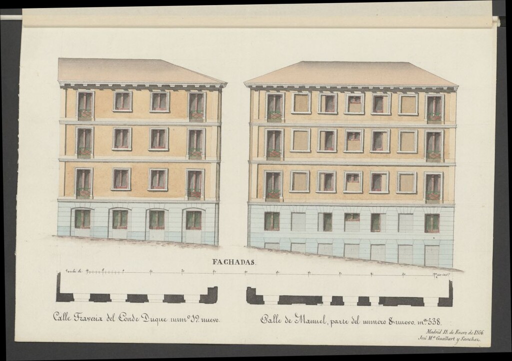 Miniatura de D. Manuel de Molinuevo, licencia para edificar una casa calle del Conde Duque, nº 5 moderno 538, con accesorias a la travesía del mismo nombre y calle de Manuel. (1855)