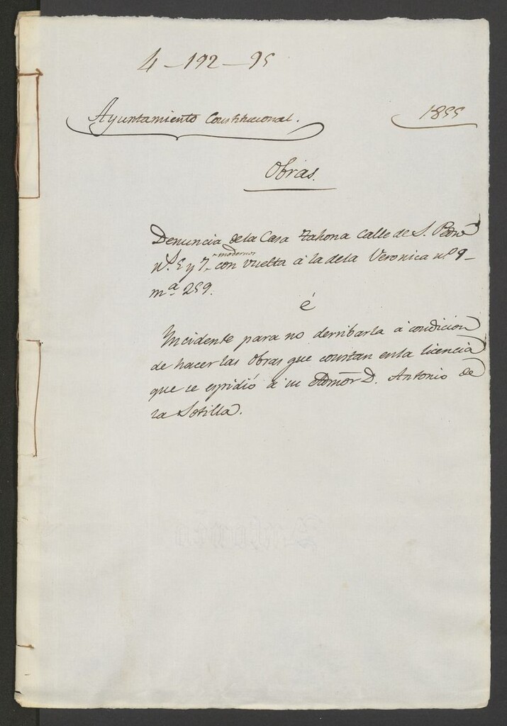 Miniatura de Denuncia de la casa Tahona calle de S. Pedro nº 5 y 7, con vuelta a la de la Verónica, nº 9, manzana 259. (1855)