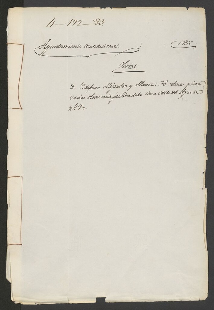 Miniatura de D. Ildefonso Alejandro y Albarez, sobre revocar y hacer varias obras en la fachada de la casa calle del Águila, nº 9. (1855)