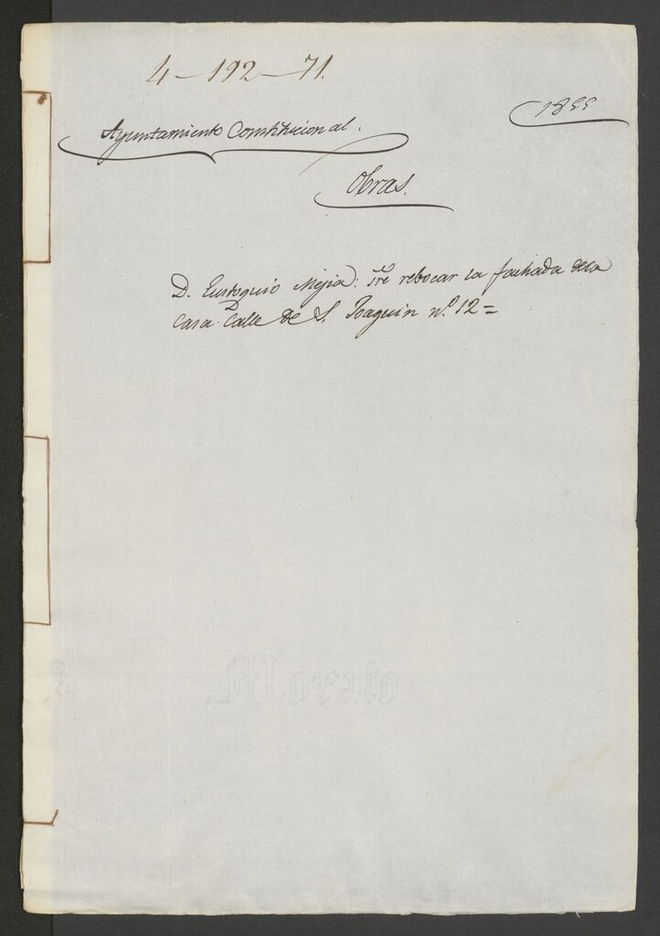 Miniatura de D. Eugenio Mejía, sobre revocar la fachada de la calle de S. Joaquín, nº 12. (1855)