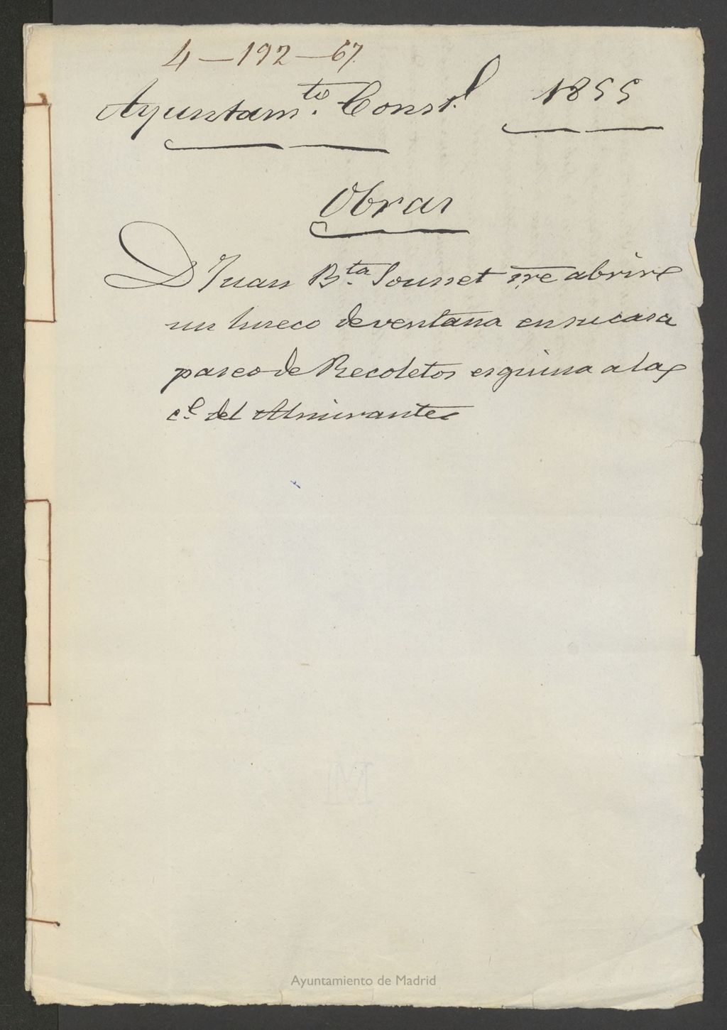 Miniatura de D. Juan Bautista Sousset, sobre abrir un hueco de ventana en su casa Pº Recoletos esquina a la calle del Almirante. (1855)
