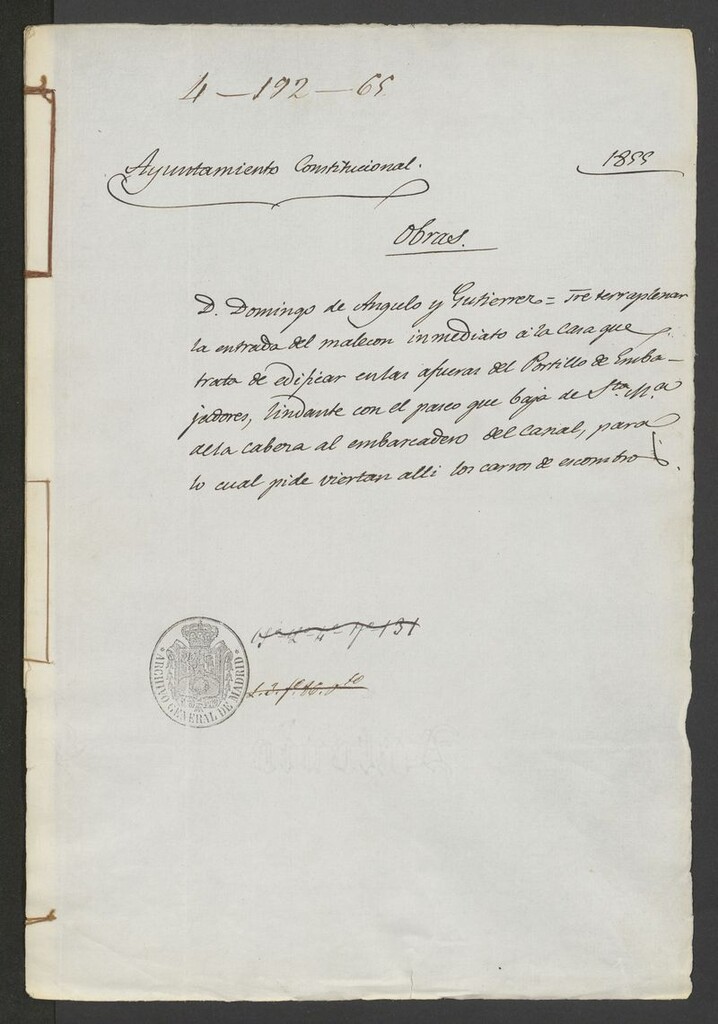 Miniatura de D. Domingo de Angulo y Gutiérrez, sobre transformar la entrada del malecón inmediato a la casa que trata de edificar en las afueras del Portillo de Embajadores, lindante con el paseo que baja de Sta. Mª de la Cabeza al embarcadero del canal, para lo cual pide viertan allí los carros de escombro. (1855)