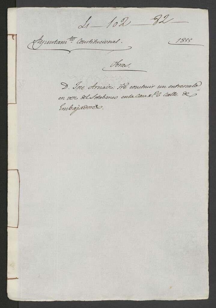 Miniatura de D. José Arnaiz, sobre construir un entresuelo en vez del sotabanco en la casa nº 6 de la calle de Embajadores. (1855)