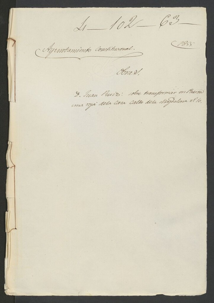 Miniatura de D. Juan Ruíz, sobre transformar en puerta una reja de la casa calle de la Magdalena nº 10 (1855)