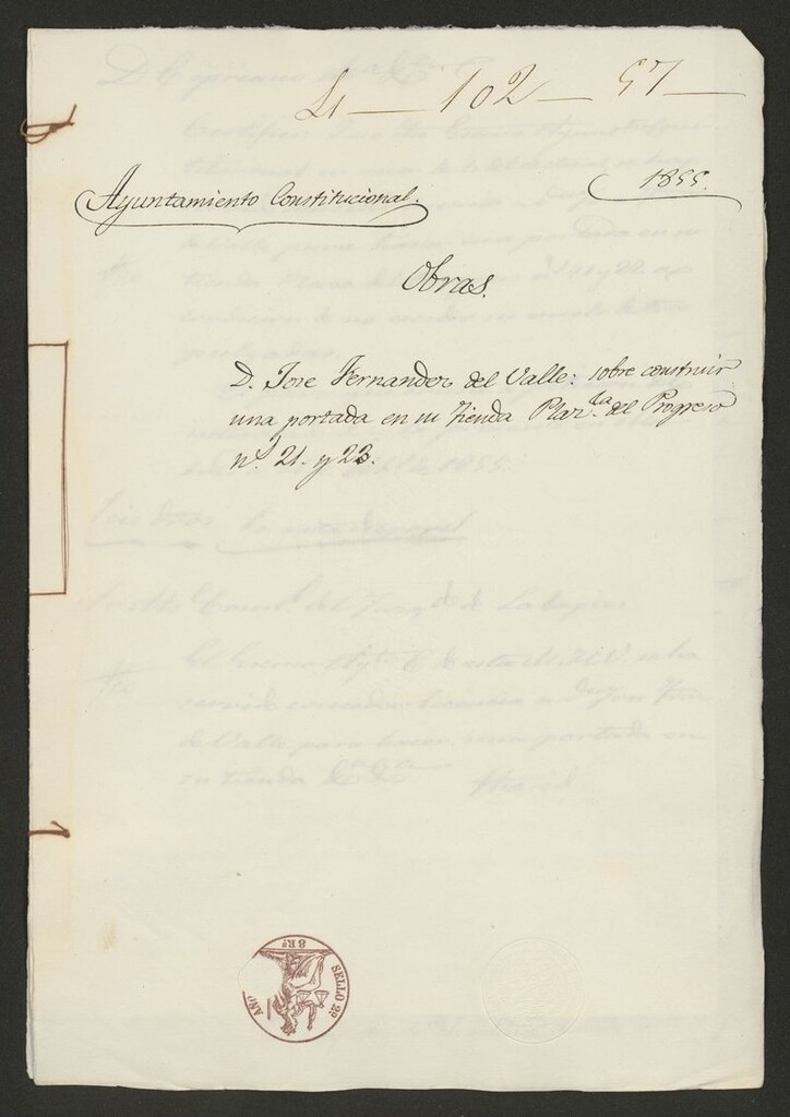 Miniatura de D. José Fernández del Valle, sobre construir una portada en una tienda Plaza del Progreso, nº 21 y 23. (1855)