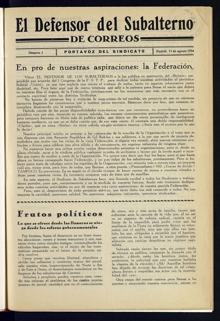 Miniatura de Defensor del Subalterno de Correos : portavoz del Sindicato