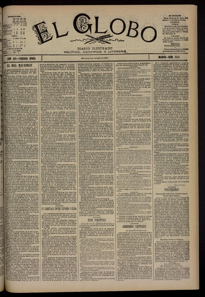 Miniatura de El Globo : diario ilustrado del 8 de octubre de 1890, nº 5452