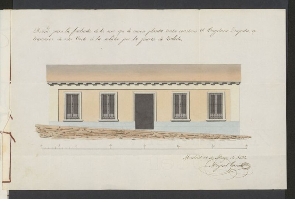 Miniatura de D. Cayetano Zapata, sobre edificación de una casita de planta baja afuera de la Puerta de Toledo. (1854)