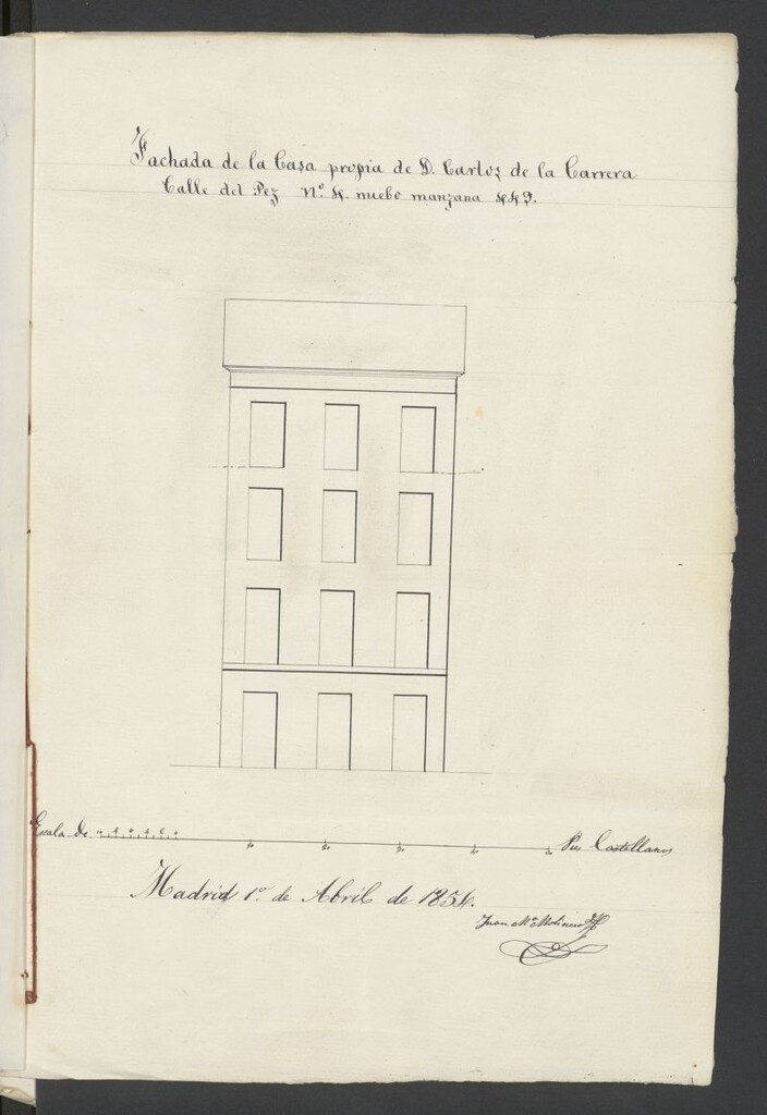 Miniatura de D. Carlos de la Carrera, sobre aumento de piso 3º y abrir un hueco, calle del Pez nº 4, manzana 449. (1854)
