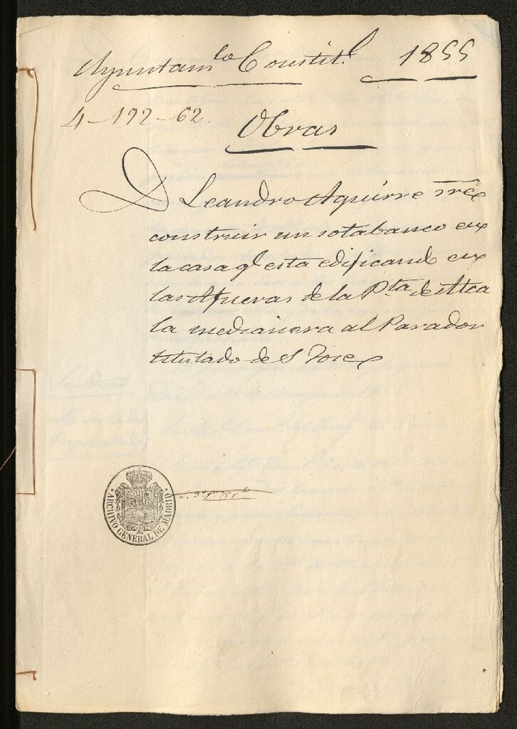 Miniatura de D. Leandro Aguirre, sobre construir un sotabanco en la casa que está edificando en las afueras de la Puerta de Alcalá medianera al Parador titulado San José