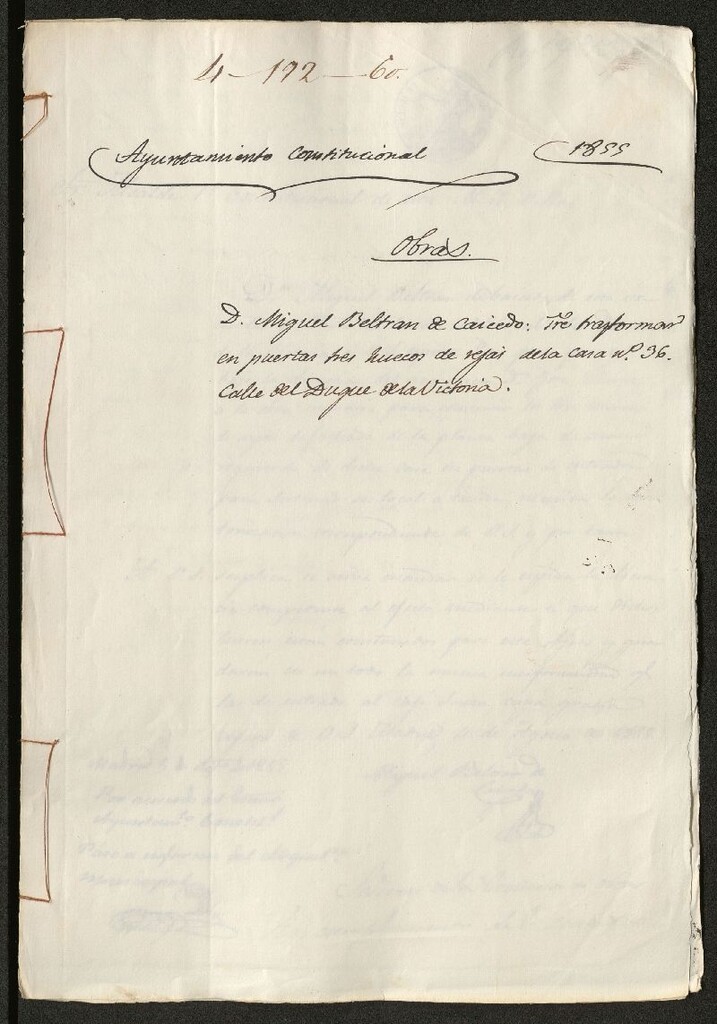 Miniatura de D. Miguel Beltrán de Carcedo, sobre transformar en puertas tres huecos de rejas de la casa nº 36 calle del Duque de la Victoria.