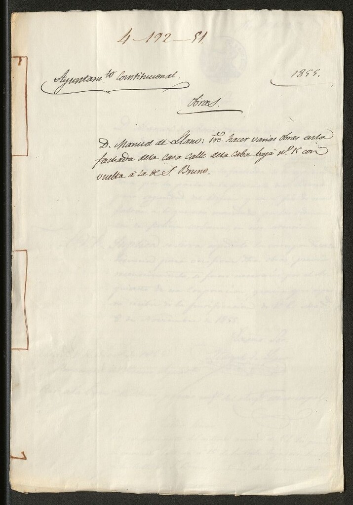 Miniatura de D. Manuel de Llano, sobre hacer varias obras en la fachada de la casa calle de la Cava Baja nº 15  con vuelta a la de S. Bruno