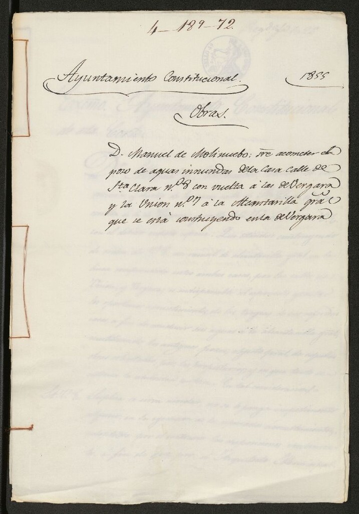 Miniatura de D. Manuel de Molinuevo, sobre acometer el pozo de aguas inmundas de la casa calle de Sta. Clara nº 8 con vuelta a las de Vergara y la Unión nº 7 a la alcantarilla general que se está construyendo en la de Vergara