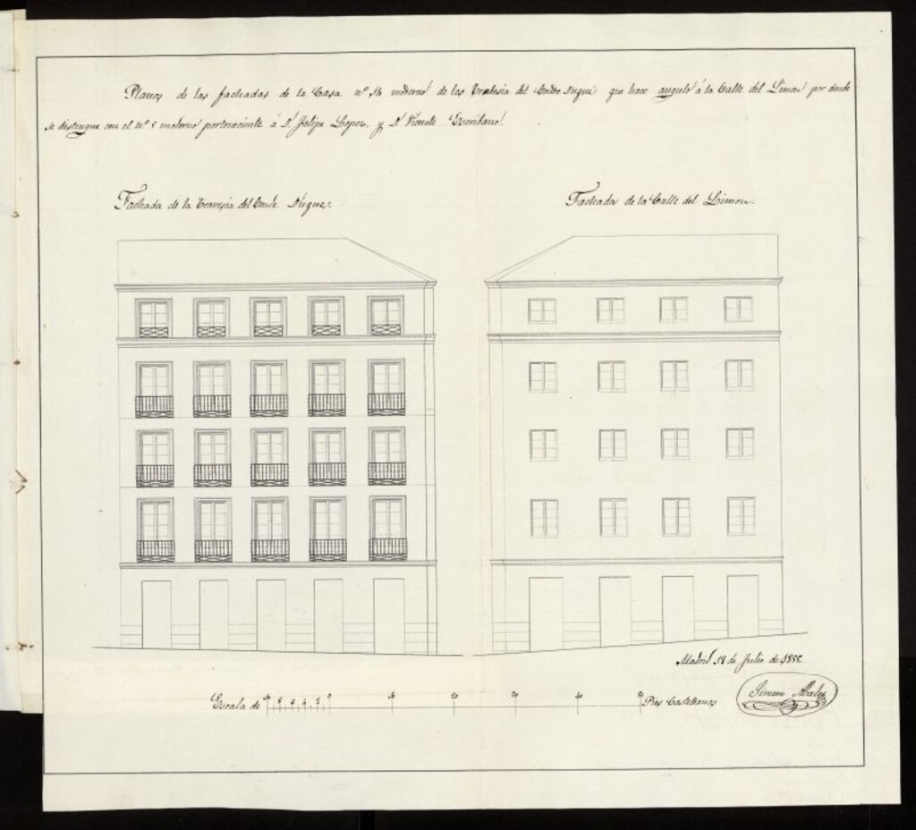 Miniatura de D. Felipe López y Vicente Escribano, sobre construir una casa en la calle Travesía del Conde Duque nº 14 con vuelta a la del Límón nº 5 ambos modernos manzana 542.