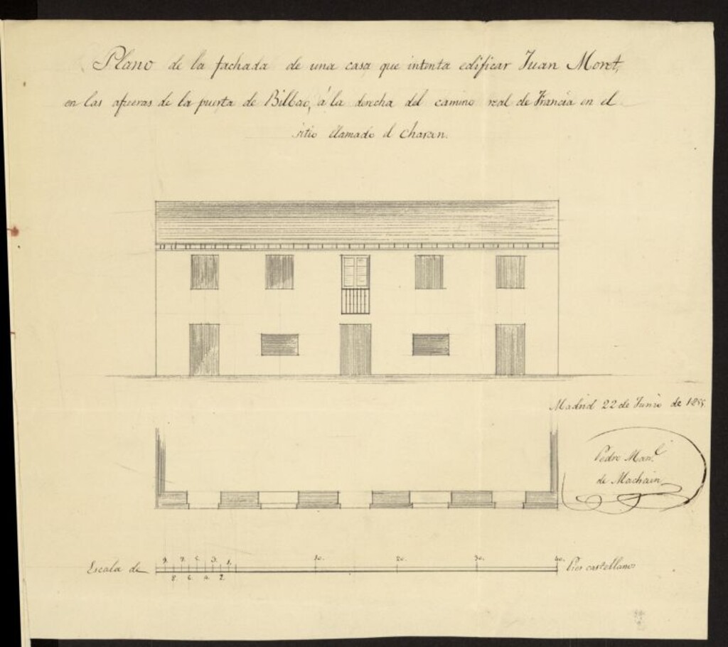 Miniatura de D. Juan Moret, sobre construir una casa en las afueras de la Pta. de Bilbao a la derecha de la carretera de Francia más arriba del Campo de Guardia.
