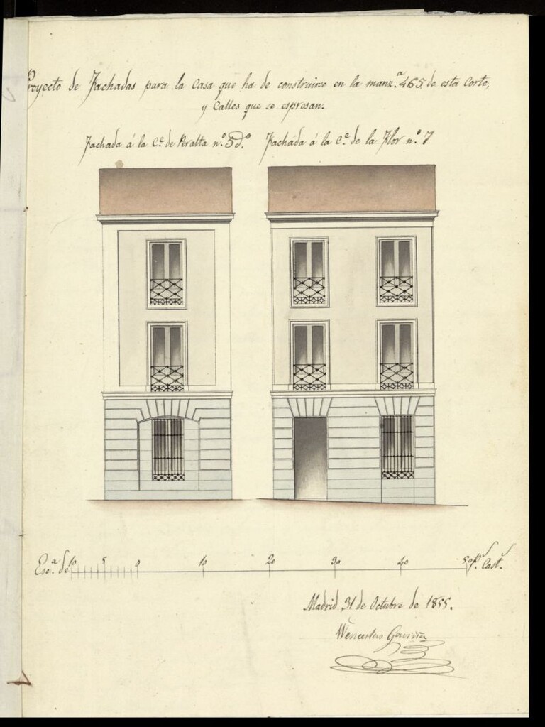 Miniatura de D. Vicente Villanueva a nombre del sr. D. Luis Osoz, sobre construir una casa en la calle de la Flor nº 7 con accesorias a la Peralta nº 4 antigua manzana 465.