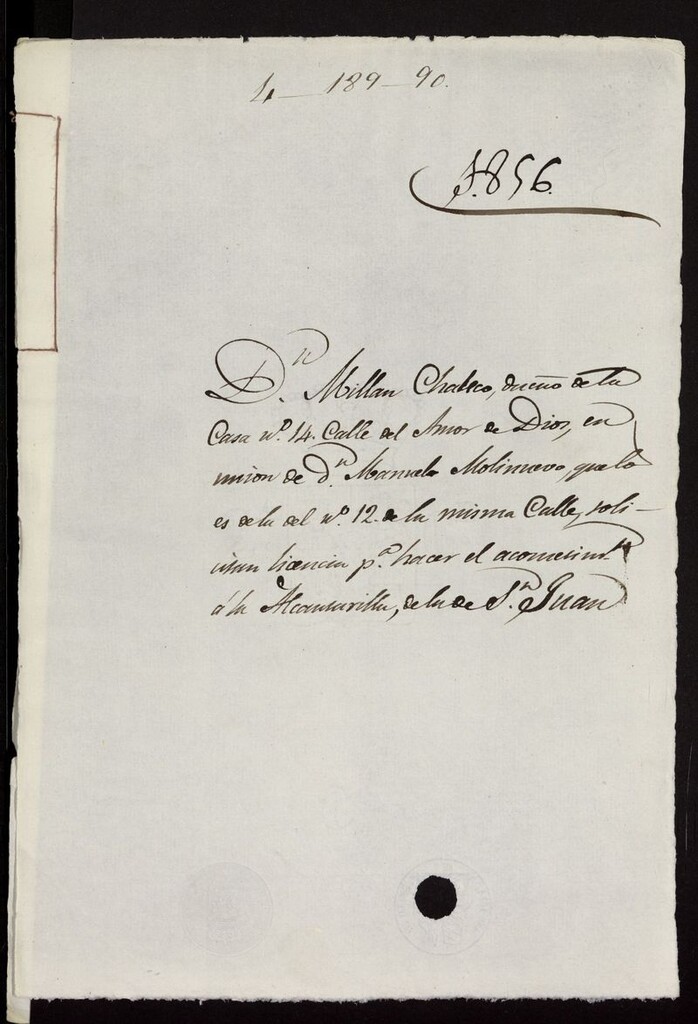 Miniatura de D. Millán Chaleco, dueño de la casa nº 14 calle del Amor de Dios, con unión de Dª Manuela Molinero que lo es de la del nº 12 a la misma calle, solicitan licencia para hacer el acometimiento a la alcantarilla de la calle de S. Juan