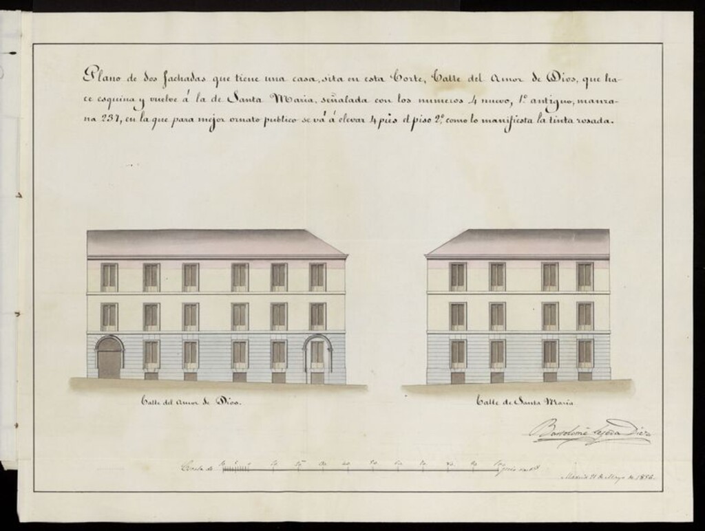 Miniatura de D. Mariano Alonso, en nombre de Dª Eulalia Fontanellas, licencia para aumentar 4 pies en el piso 2º de la casa nº 4 calle del Amor de Dios, con vuelta a la de Sta. María. (1856)
