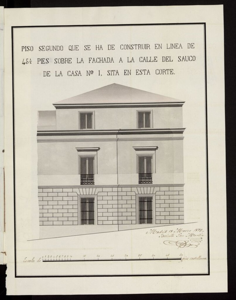 Miniatura de Excmo. Sr. Conde de Vega-Mar, solicita elevar un piso segundo, en su casa calle del Sauco, nº 1 y formar una vallas. (1856)