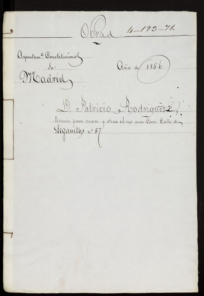 Miniatura de D. Patricio Rodríguez, licencia para revoco y otras obras en su casa calle de Leganitos, nº 5. (1856)