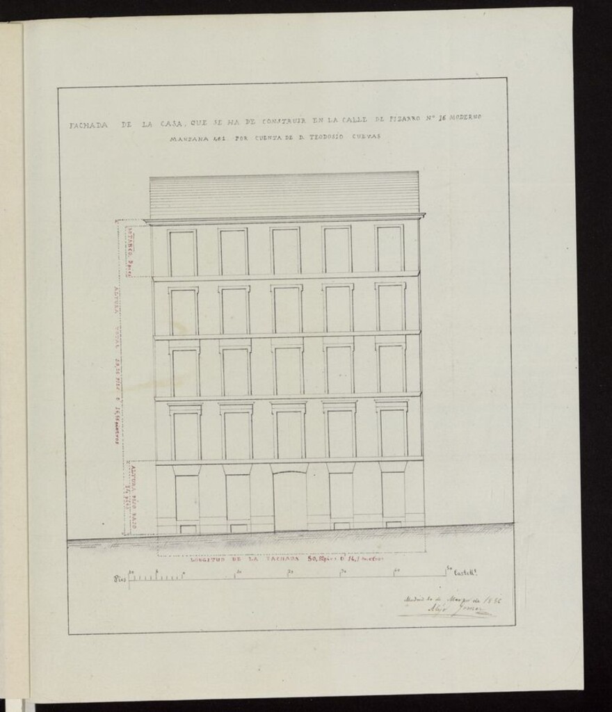 Miniatura de D. Teodosio Cuevas, licencia para demoler y edificar de nueva planta, la casa calle de Pizarro nº 16, manzana 461. (1856)