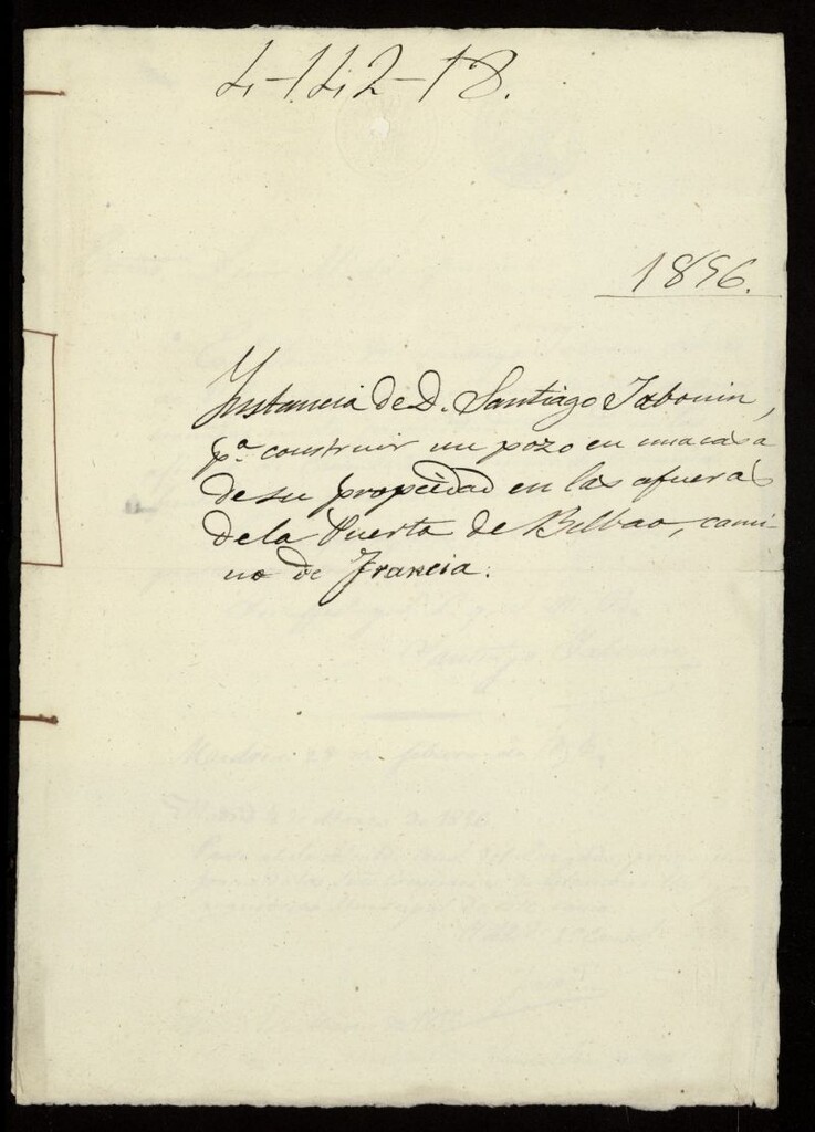 Miniatura de Petición D. Santiago Jaborín, sobre construir un pozo en una casa de su propiedad en las afueras de la Puerta de Bilbao, camino de Francia. (1856)