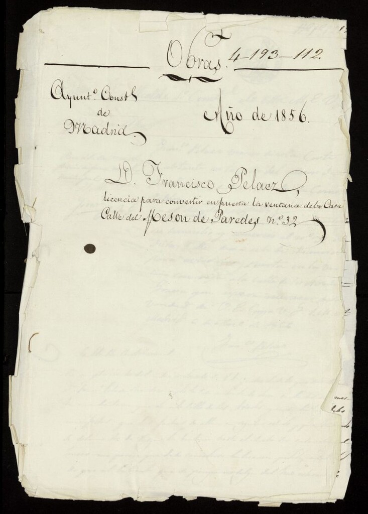 Miniatura de D. Francisco Peláez, licencia para convertir en puerta la ventana de la casa calle de Mesón de Paredes, nº 32. (1856)