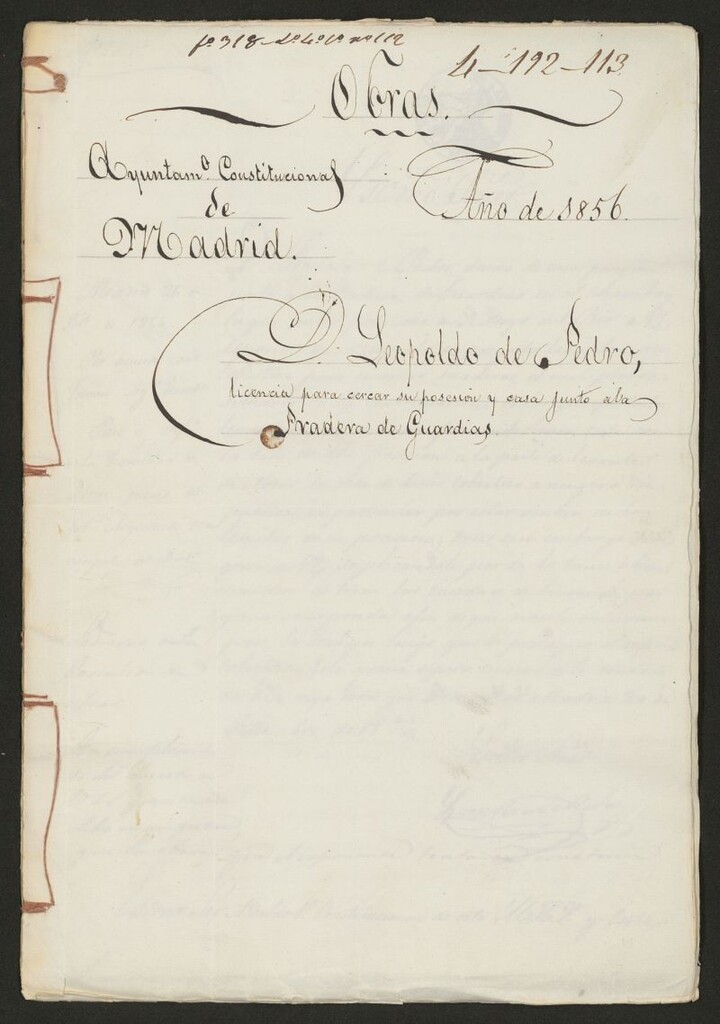 Miniatura de D. Leopoldo de Pedro, licencia para cerca su psesión y casa junta a la Pradera de Guardias. (1856)
