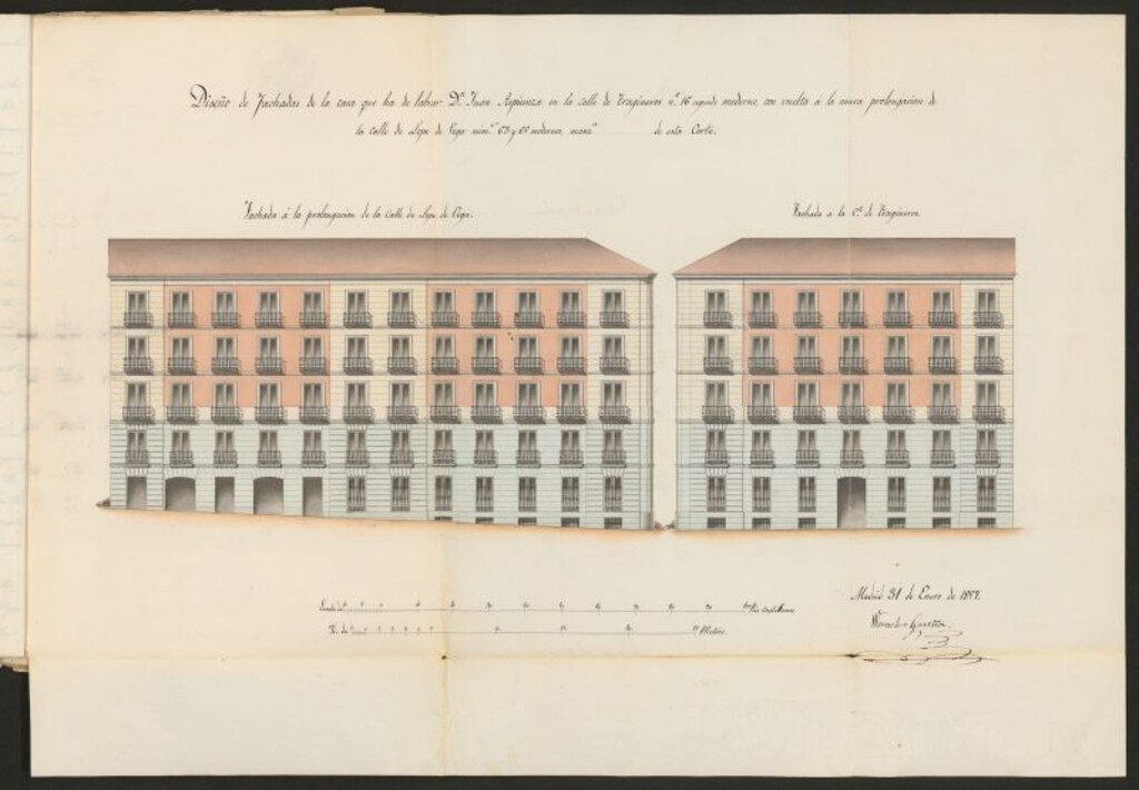 Miniatura de D. Juan de Aspiunza, licencia para construir en la calle de Lope de Vega, esquina a la de Traginero del Prado. (1856)